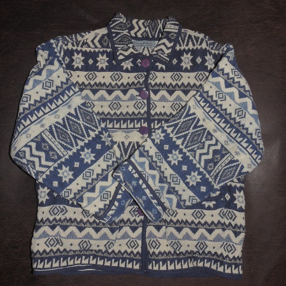 Vintage 90's Jane Ashley Button Up, Collared, Southwestern Blues Tapestry Jacket